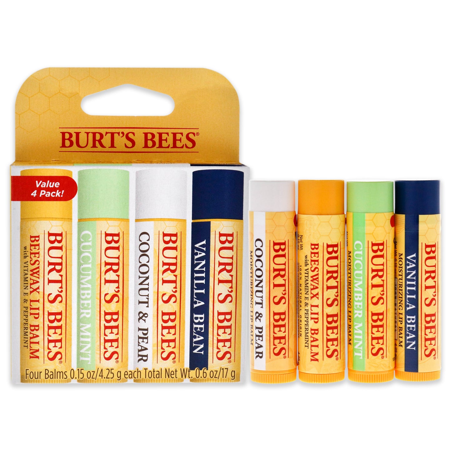 Super Sampler Lip Balm Set by Burts Bees for Unisex - 4 Pc 0.14 oz Beezwax Lip Balm, 0.14 oz Cucumber Mint Lip Balm, 0.14 oz Coconut and Pear Lip Balm, 0.14 oz Vanilla Bean Lip Balm