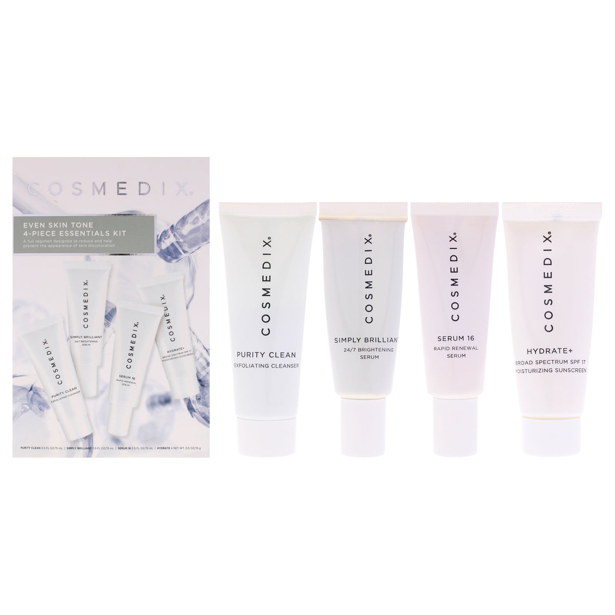 Even Skin Tone Essentials Kit by Cosmedix for Unisex - 4 Pc 0.5oz Purity Clean Exfoliating Cleanser, 0.5oz Simply Brilliant 24-7 Brightening Serum, 0.5oz Serum 16 Rapid Renewal, 0.5oz Hydrate Plus SPF 17 Moisturizing Sunscreen