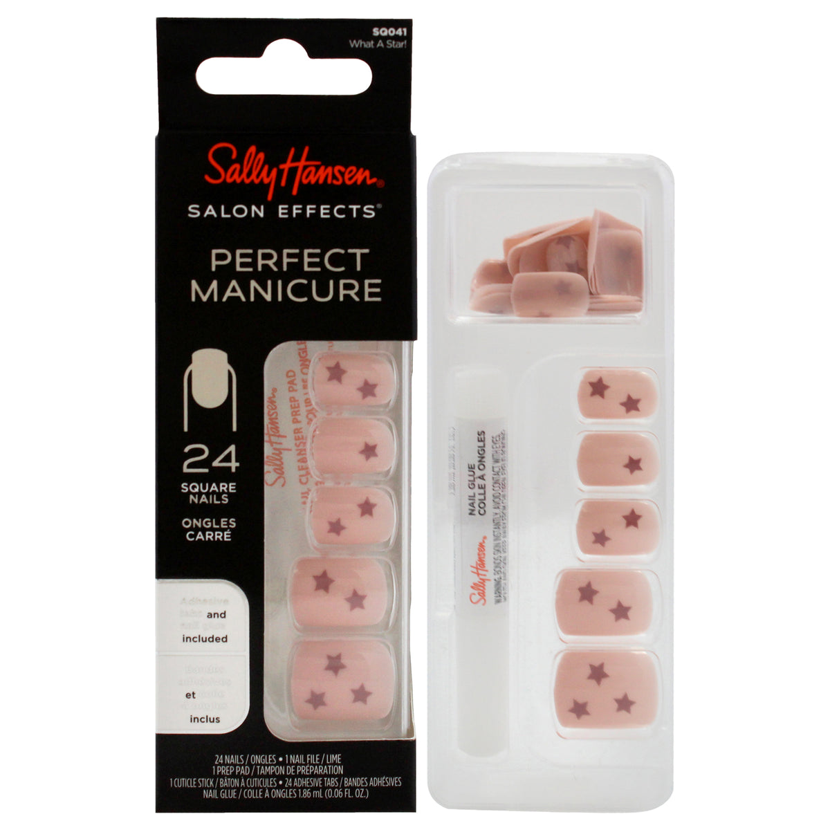Salon Effects Perfect Manicure Square Nails - SQ041 What A Start! by Sally Hansen for Women - 52 Pc 24 Nails, 24 Adhesive Tabs, Nail File, Pre Pad, Cuticle Stick, 0.06oz Nail Glue