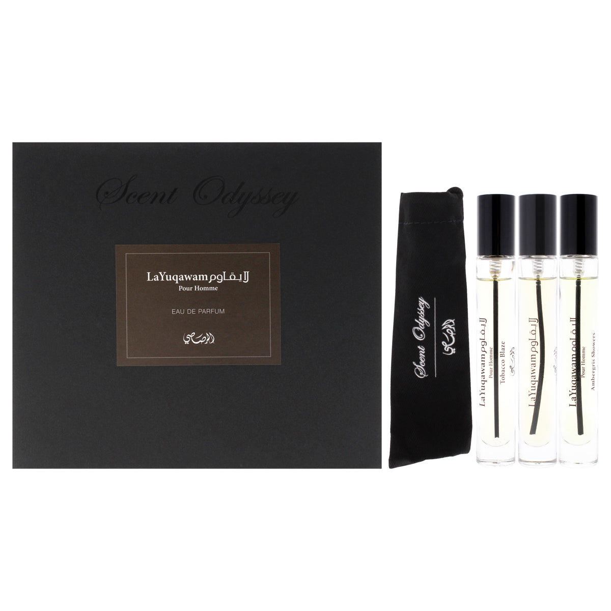 Scent Odyssey - La Yuqawam by Rasasi for Men - 3 Pc Mini Gift Set 0.25oz LaYuqawam Pour Homme EDP Spray, 0.25oz Ambergris Showers EDP Spray, 0.25oz Tobacco Blaze EDP Spray