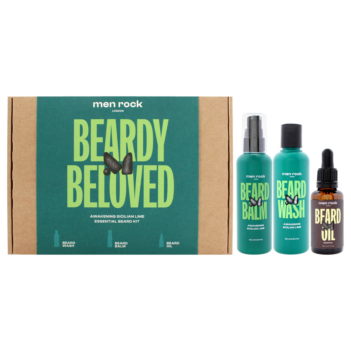 Beardy Beloved Awakening Essential Beard Kit - Sicilian lime by Men Rock for Men - 3 Pc 3.4oz Awakening Beard Wash - Sicilian Lime, 3.4oz Awakening Beard Balm - Sicilian Lime, 1oz Beard Oil - Original