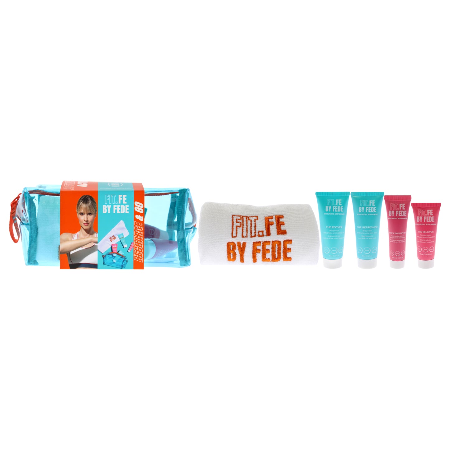 Active Lifestyle Recharge and Go by Fit.Fe By Fede for Women - 6 Pc 0.5oz The Reliever Face Gel Cream, 1oz The Exfoliator Facial Peeling Cleanser, 1.7oz The Refresher Body Wash, 1.7oz The Reviver Body Lotion, Mini Cotton Towel, Bag