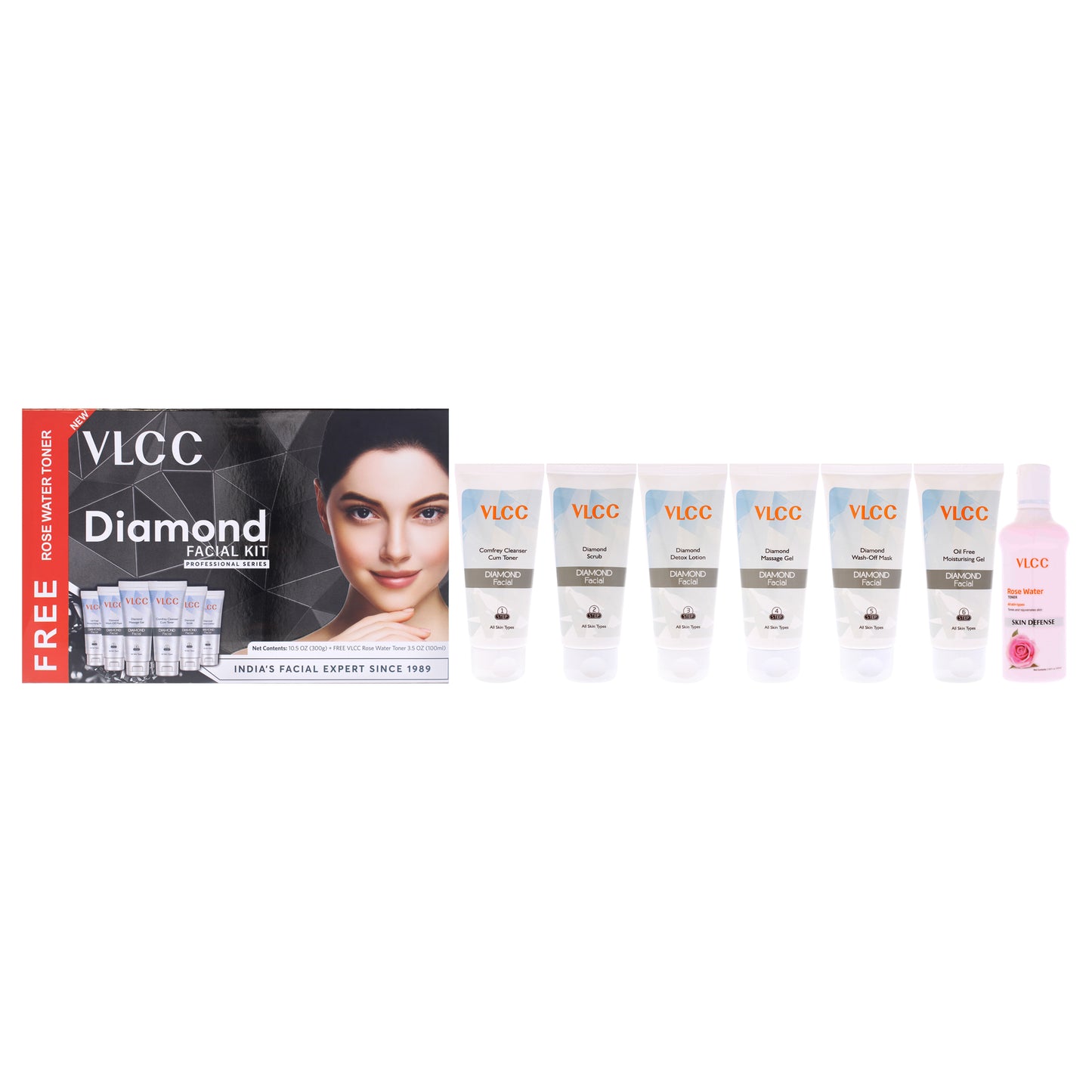 Diamond Facial Kit by VLCC for Women - 7 Pc 1.76oz Comfrey Cleanser Cum Toner, 1.76oz Diamond Scrub, 1.76oz Diamond Detox Lotion, 1.76oz Diamond Massage Gel, 1.76oz Diamond Wash Off Mask, 1.76oz Oil Free Moisturising Gel, 3.5oz Rose Water Toner