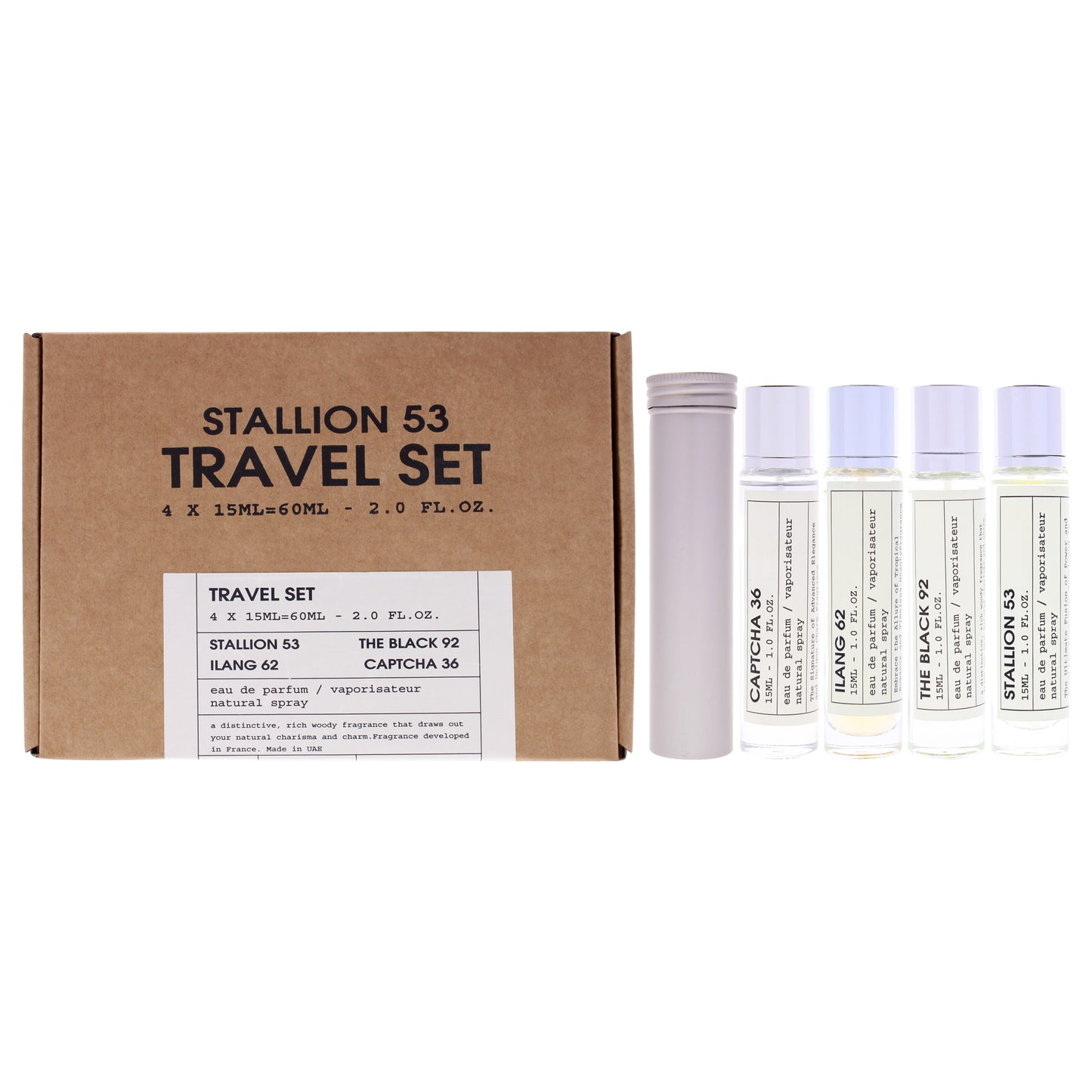 Stallion 53 Travel Set by Emper for Unisex - 4 Pc Gift Set 0.5oz Stallion 53 EDP Spray, 0.5oz Ilang 62 EDP Spray, 0.5oz Captcha 36 EDP Spray, 0.5oz The Black 92 EDP Spray