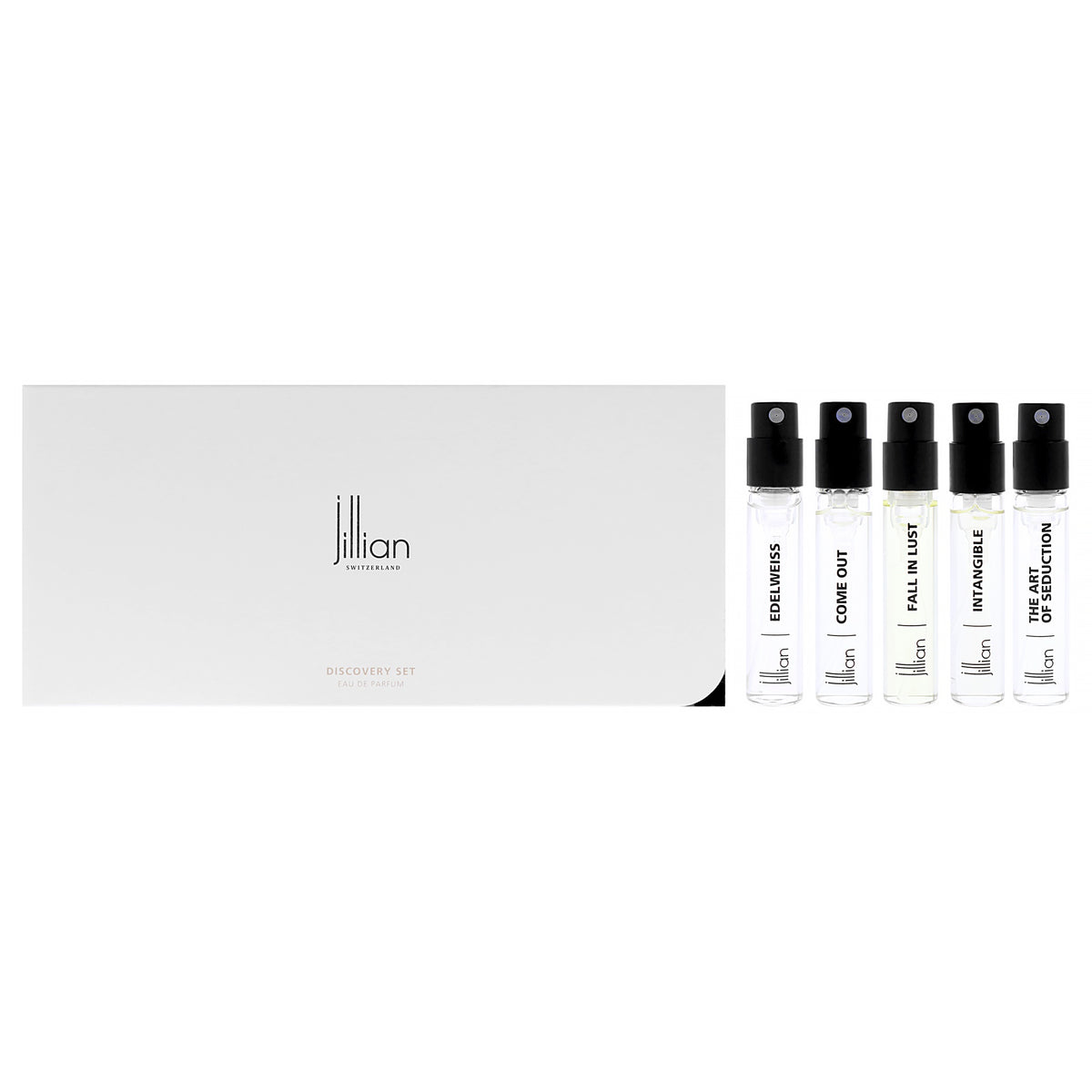 Signature Discovery Set by Jillian Switzerland for Unisex - 5 Pc Mini Gift Set 2.5ml Come Out EDP Spray Vial, 2.5ml Intangible EDP Spray Vial, 2.5ml Fall in Lust EDP Spray Vial, 2.5ml Edelweiss EDP Spray Vial, 2.5ml The Art of Seduction EDP Spray Vial