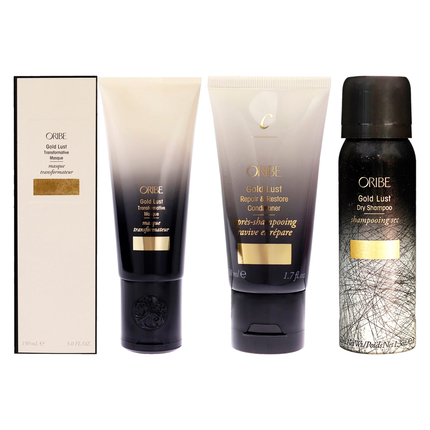 Gold Lust Dry Shampoo and Repair and Restore Conditioner and Transformative Masque Kit by Oribe for Unisex - 3 Pc Kit 1.3oz Hair Spray, 1.7oz Conditioner, 5oz Mask