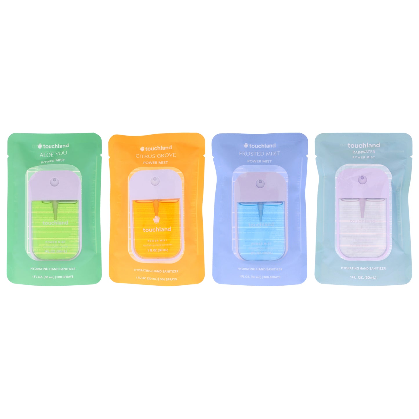 Power Mist Kit by Touchland for Unisex - 4 Pc Kit 1oz Hand Sanitizer - Aloe You, 1oz Hand Sanitizer - Frosted Mint, 1oz Hand Sanitizer - Citrus Grove, 1oz Hand Sanitizer - Rainwater