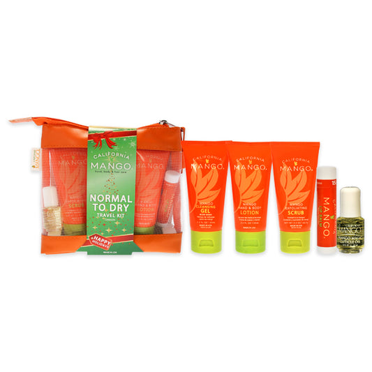 Mango to Go Travel Kit - Normal to Dry Skin by California Mango for Unisex - 6 Pc 2.2oz Exfoliating Scrub, 2.2oz Cleansing Gel, 2.2oz Hand and Body Lotion, 0.15oz Lip Balm SPF 15, 0.13oz Magic Cuticle Oil, Travel Bag