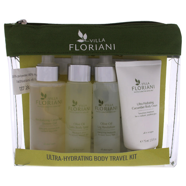 Ultra-Hydrating Body Travel Kit by Villa Floriani for Unisex - 5 Pc 3.4oz Revitalizing Cucumber Shower Gel, 2.53oz Ultra Hydrating Cucumber Body Cream, 1.69oz Olive Oil Sating Body Spray, 1.69oz Olive Oil Leg Revitalizer, 1.41oz Olive Oil Body Scrub
