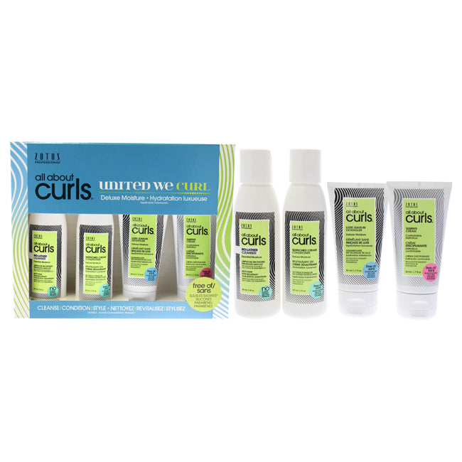 Deluxe Moisture Kit by All About Curls for Unisex - 4 Pc 3oz No-Lather Cleanser, 3oz Quenched Cream Conditioner, 1.7oz Luxe Leave-In Detangler, 1.7oz Taming Cream
