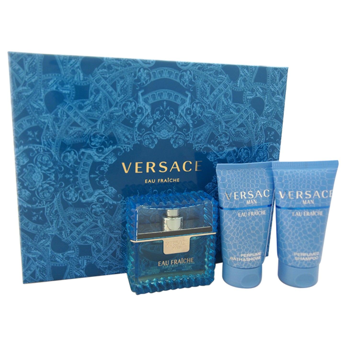 Versace Man Eau Fraiche by Versace for Men - 3 Pc Gift Set 1.7oz EDT Spray, 1.7oz Perfumed Bath and Shower Gel, 1.7oz Perfumed Shampoo