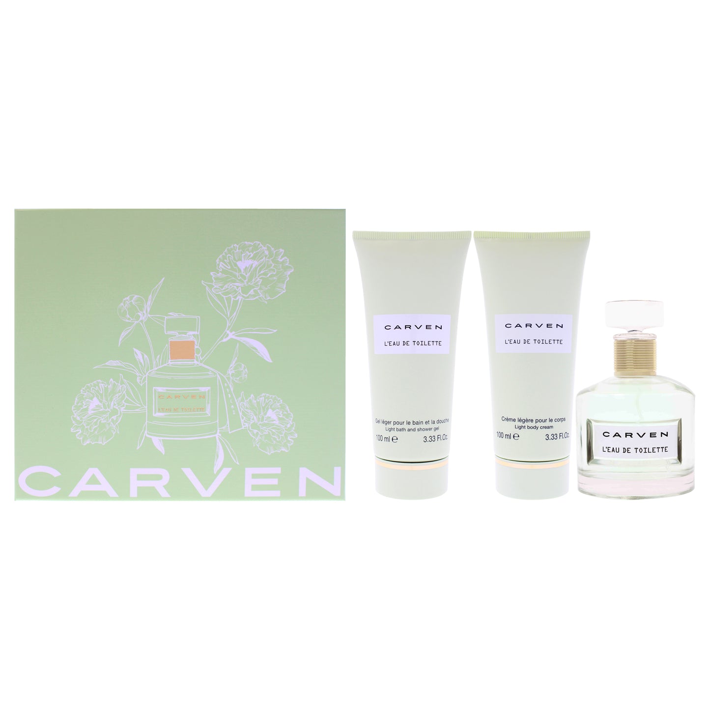 LEau De Toilette by Carven for Women - 3 Pc Gift Set 3.33oz EDT Spray, 3.33oz Light Body Cream, 3.33oz Ligth Bath and Shower Gel
