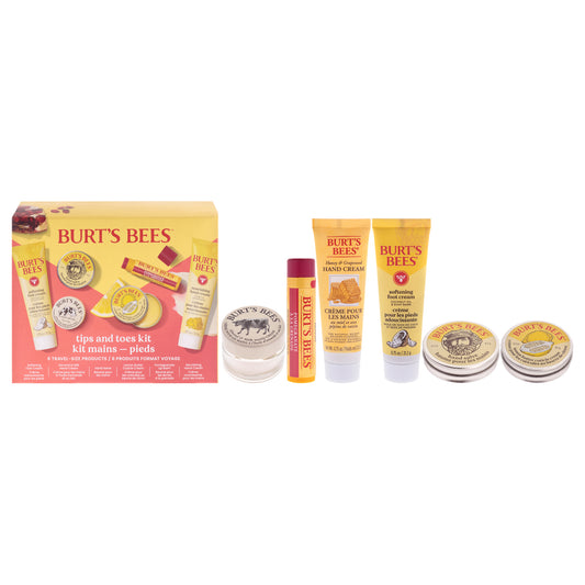 Tips and Toes Kit by Burts Bees for Women - 6 Pc Kit 0.3oz Hand Salve, 0.25oz Almond and Milk Hand Cream, 0.3oz Lemon Butter Cuticle Cream, 0.75oz Coconut Foot Cream, 0.75oz Honey and Grapeseed Hand Cream, 0.15oz Pomegranate Moisturizing Lip Balm