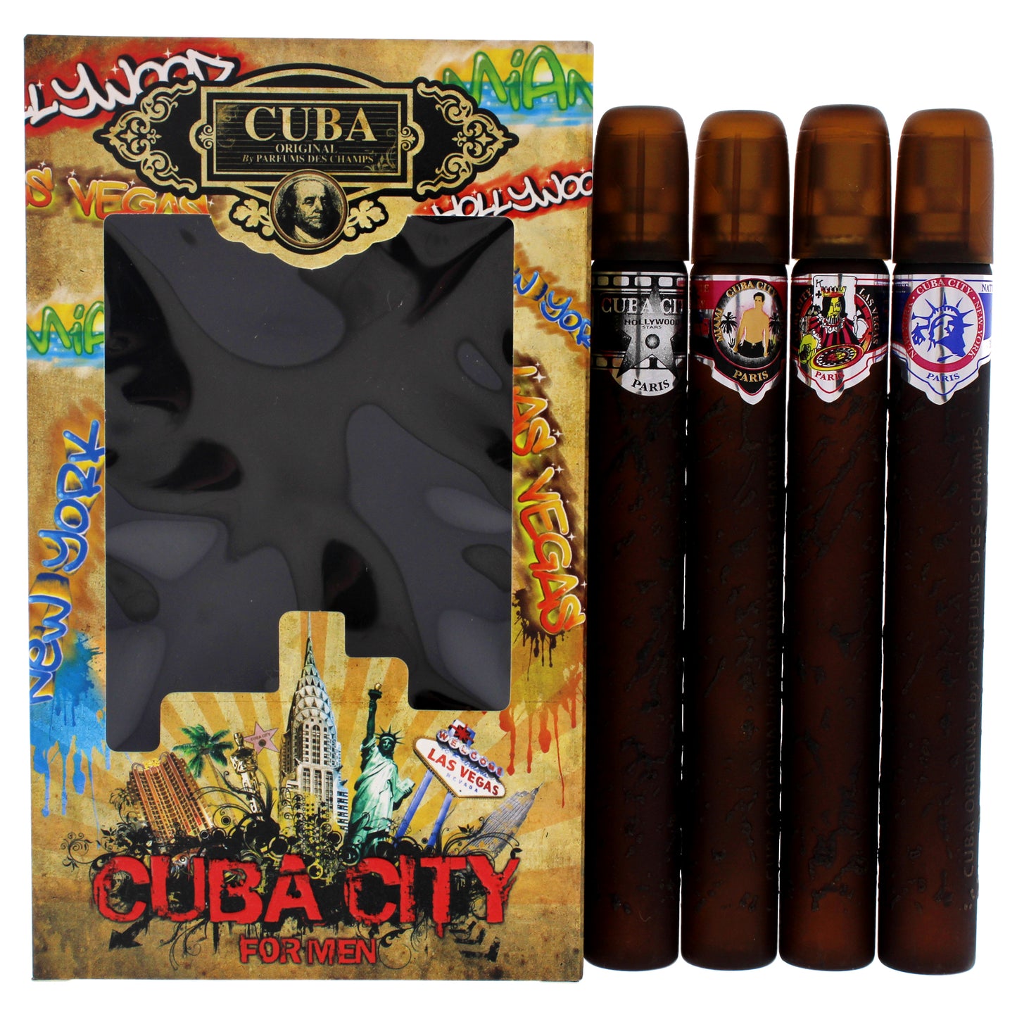 Cuba City by Cuba for Men - 4 Pc Gift Set 1.17oz Hollywood EDT Spray, 1.17oz Miami EDT Spray, 1.17oz Las Vegas EDT Spray, 1.17oz New York EDT Spray