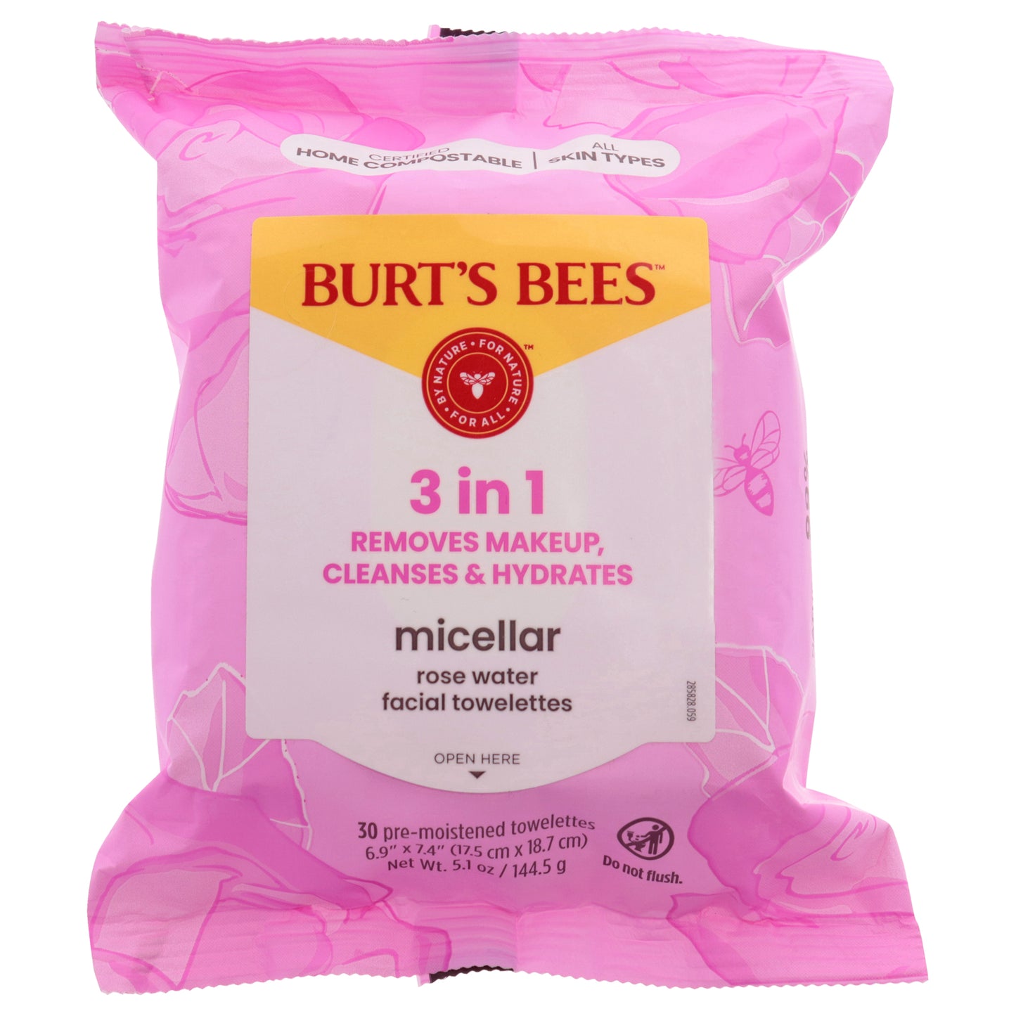 Micellar Makeup Removing Towelettes - Rose Water by Burts Bees for Unisex - 30 Count Towelettes