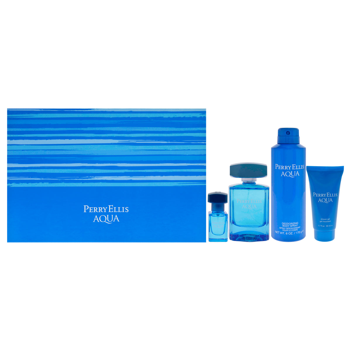 Perry Ellis Aqua by Perry Ellis for Men - 4 Pc Gift Set 3.4oz EDT Spray, 0.25oz EDT Spray, 6oz Deodorizing Body Spray, 1.7oz Shower Gel