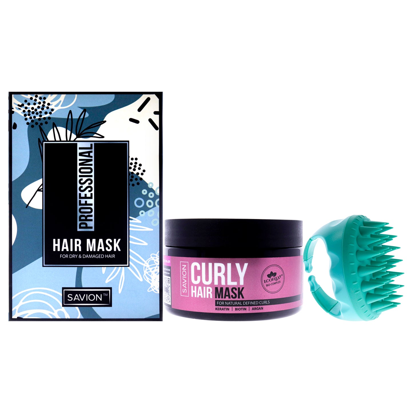 Curly Hair Mask - Bundle by Savion for Women - 2 Pc 8.45oz Mask, Scalp Massager
