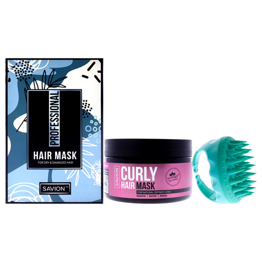 Curly Hair Mask - Bundle by Savion for Women - 2 Pc 8.45oz Mask, Scalp Massager