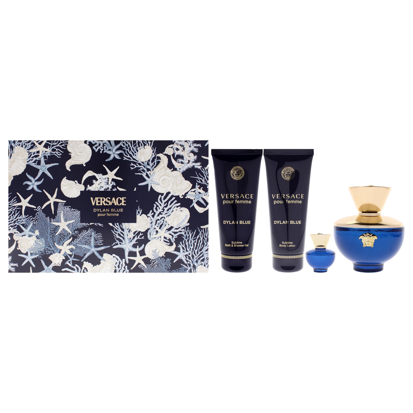 Dylan Blue by Versace for Women - 4 Pc Gift Set 3.4oz EDP Spray, 0.17oz EDP Splash (Mini), 3.4oz Body Lotion, 3.4oz Bath and Shower Gel