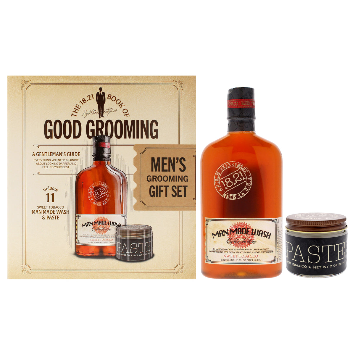Book of Good Grooming Volume 11 Set - Sweet Tobacco by 18.21 Man Made for Men - 2 Pc 18oz Man Made Wash 3-In-1 Shampoo, Conditioner and Body Wash, 2oz Paste