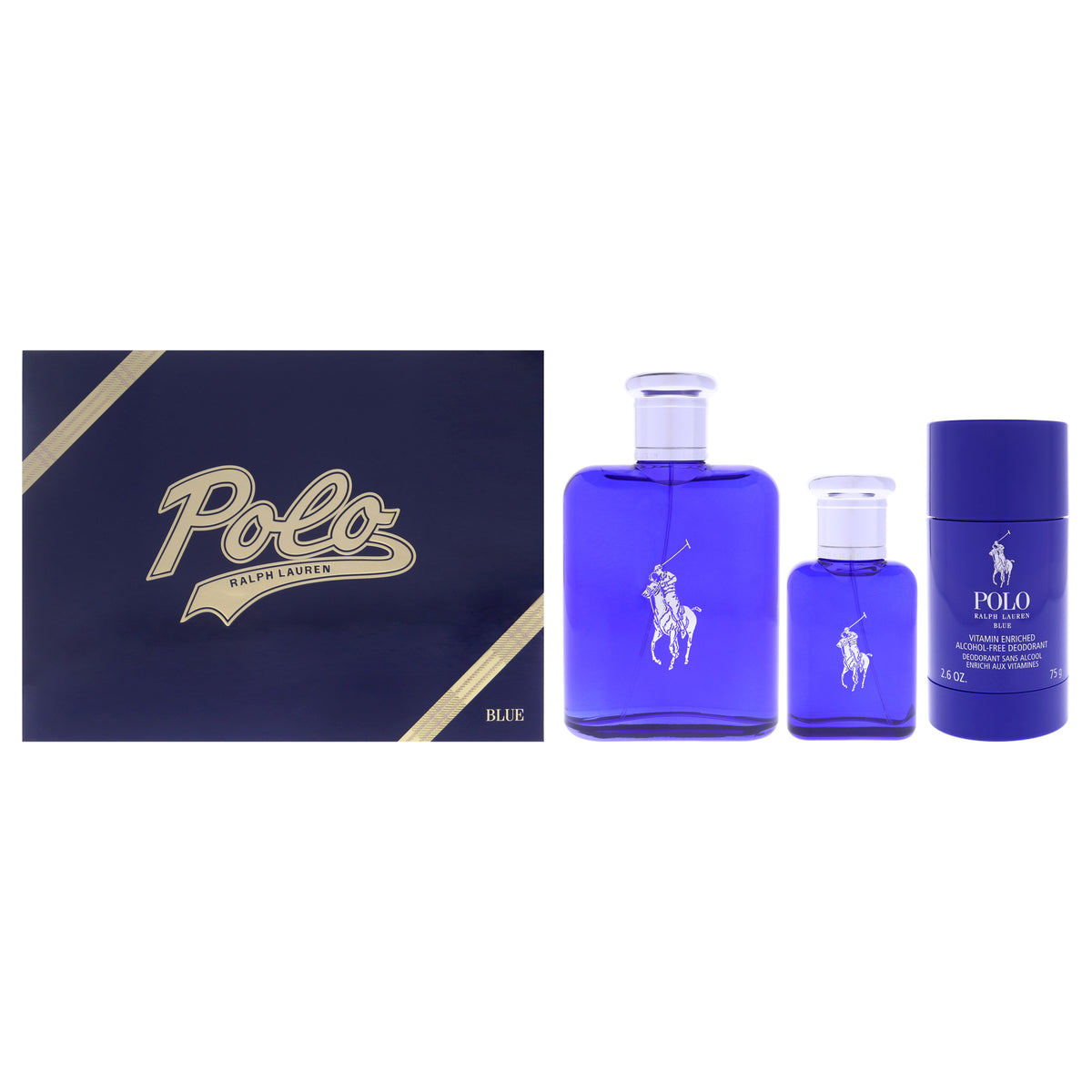 Polo Blue by Ralph Lauren for Men - 3 Pc Gift Set 4.2oz EDT Spray (Refillable), 1.36oz EDT Spray, 2.6oz Deodorant Stick