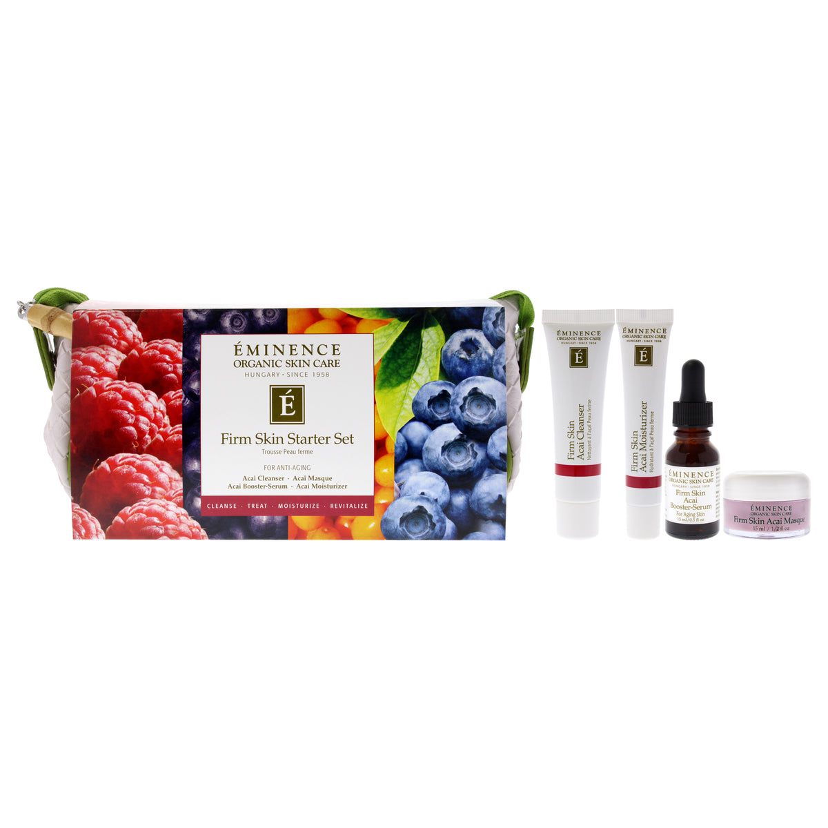 Firm Skin Starter Set by Eminence for Unisex - 5 Pc 1oz Firm Skin Acai Cleanser, 0.5oz Firm Skin Acai Moisturizer, 0.5oz Firm Skin Acai Mask, 0.5oz Firm Skin Acai Booster-Serum, Cosmetic Bag