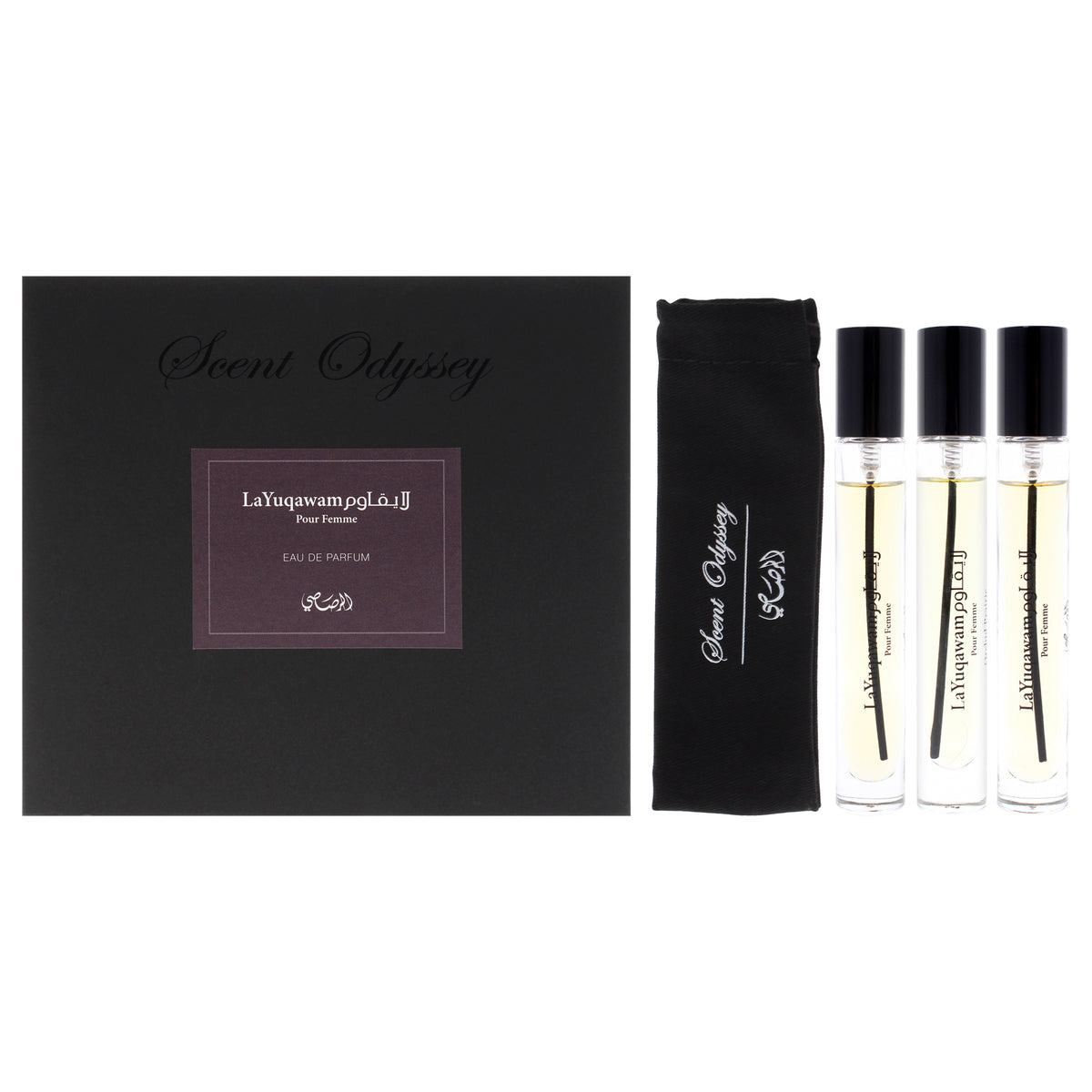 Scent Odyssey - La Yuqawam by Rasasi for Women - 3 Pc Mini Gift Set 0.25oz LaYuqawam Pour Femme EDP Spray, 0.25oz Jasmine Wisp EDP Spray, 0.25oz Orchid Prairie EDP Spray