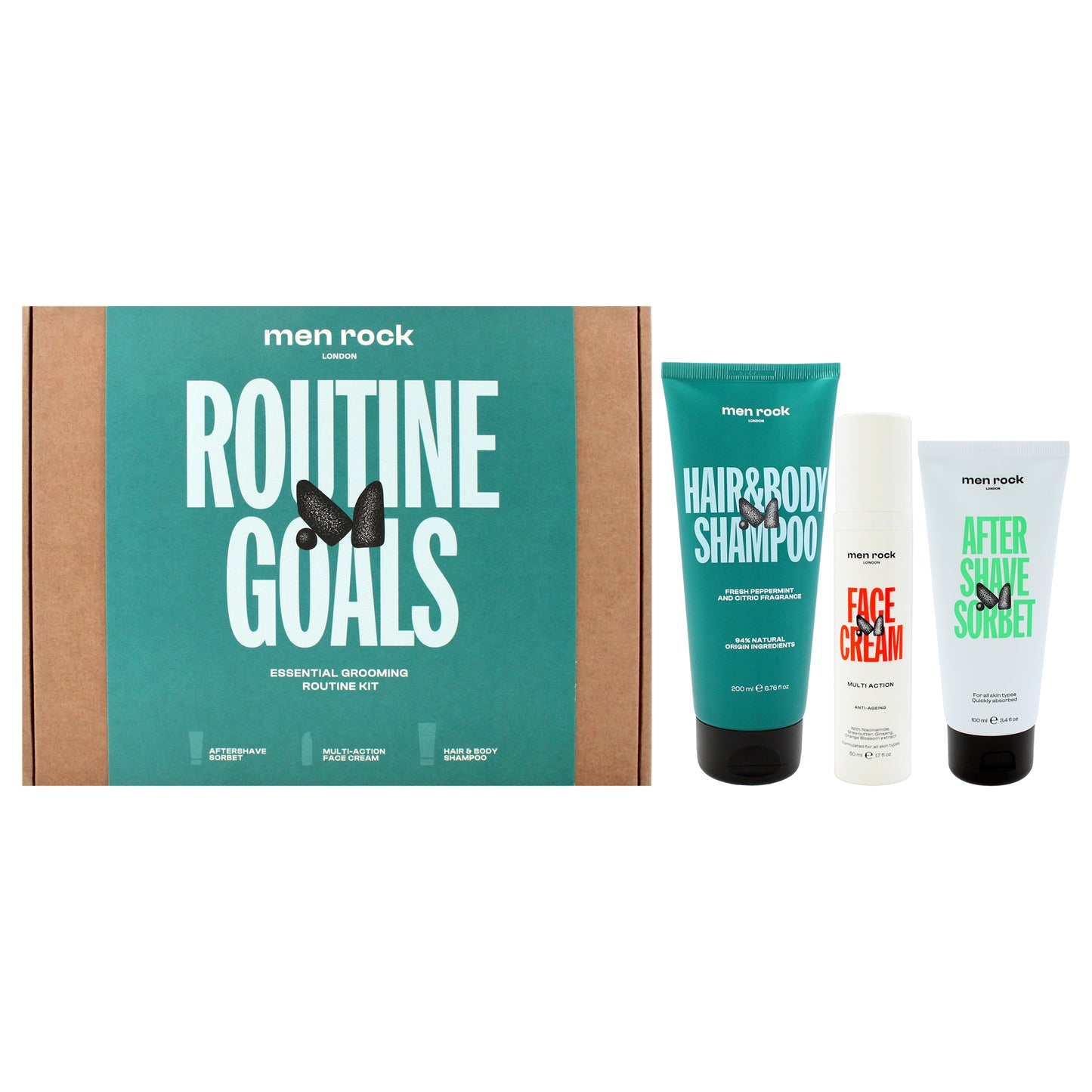 Routine Goals Essential Grooming Kit by Men Rock for Men - 3 Pc 3.4oz After Shave Sorbet, 1.7oz Multi-Action Face Cream, 5.8oz Hair and Body Shampoo