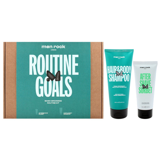 Routine Goals Basic Grooming Kit by Men Rock for Men - 2 Pc 3.4oz After Shave Sorbet, 5.8oz Hair and Body Shampoo