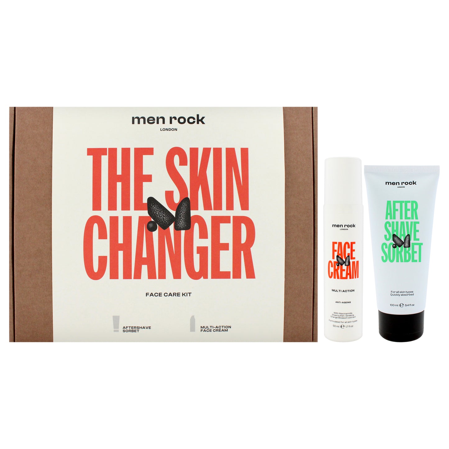 The Skin Changer Face Care Kit by Men Rock for Men - 2 Pc 3.4oz After Shave Sorbet, 1.7oz Multi-Action Face Cream