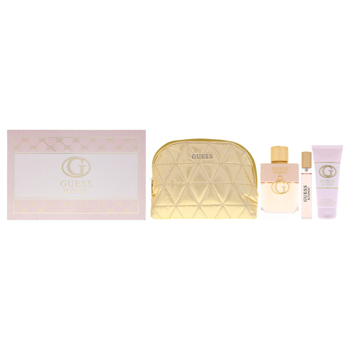 Iconic by Guess for Women - 4 Pc Gift Set 3.4oz EDP Spray, 0.5oz EDP Spray Vial (Mini), 3.4oz Body Lotion, Pouch