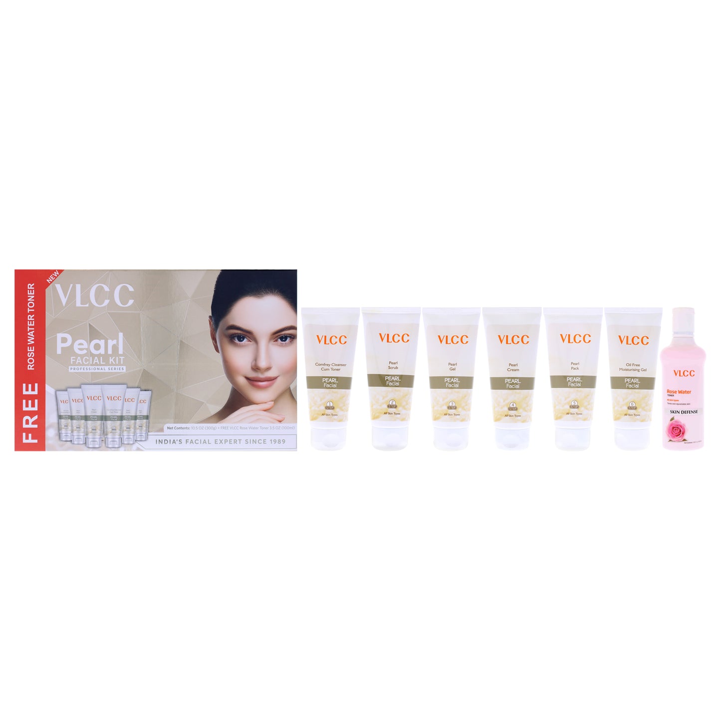 Pearl Facial Kit by VLCC for Women - 7 Pc 1.76oz Comfrey Cleanser Cum Toner, 1.76oz Pearl Scrub, 1.76oz Pearl Gel, 1.76oz Pearl Cream, 1.76oz Pearl Pack, 1.76oz Oil Free Moisturising Gel, 3.5oz Rose Water Toner