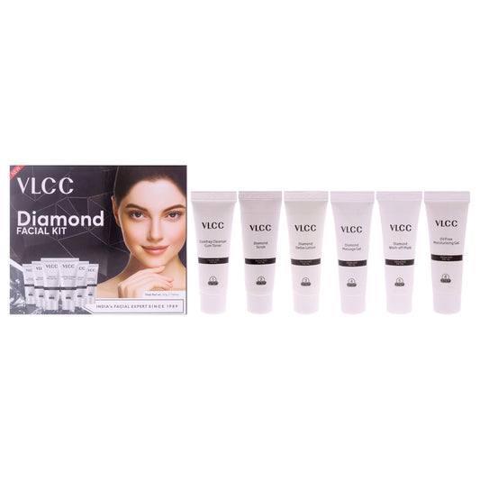 Diamond Facial Kit by VLCC for Women - 6 Pc 0.35oz Comfrey Cleanser Cum Toner, 0.35oz Diamond Scrub, 0.35oz Diamond Detox Lotion, 0.35oz Diamond Massage Gel, 0.35oz Diamond Wash Off Mask, 0.35oz Oil Free Moisturising Gel
