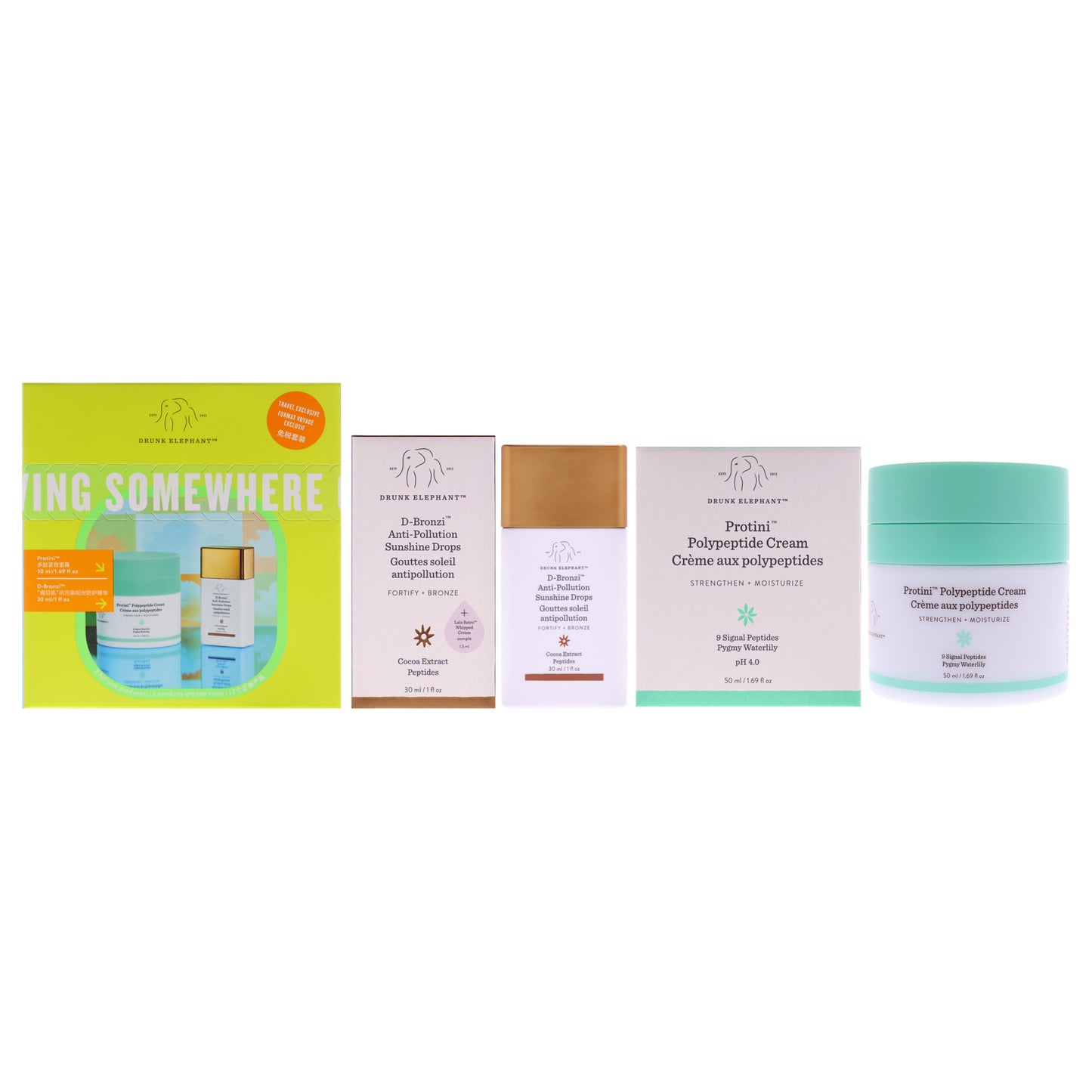 Glowing Somewhere Good Set by Drunk Elephant for Unisex - 2 Pc 1oz D-Bronzi Anti Pollution Sunshine Drops, 1.69oz Protini Polypeptide Cream