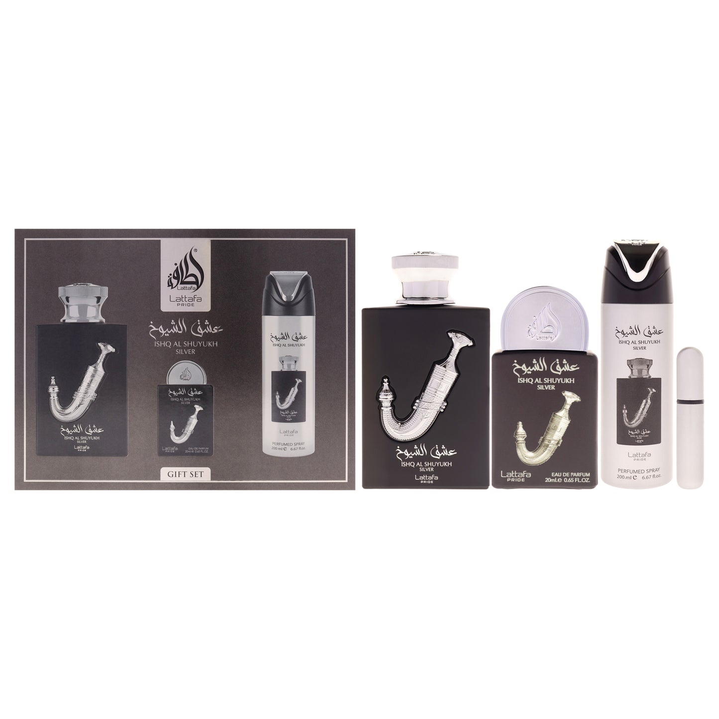 Pride - Ishq Al Shuyukh Silver by Lattafa for Men - 3 Pc Gift Set 3.4oz EDP Spray, 0.67oz EDP Spray, 6.67oz Perfumed Body Spray