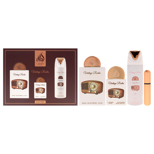 Pride - Vintage Radio by Lattafa for Unisex - 3 Pc Gift Set 3.4oz EDP Spray, 0.67oz EDP Spray, 6.67oz Perfumed Body Spray