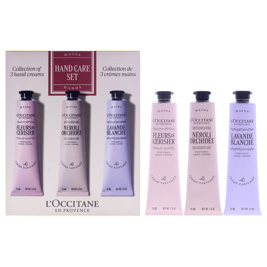 Floral Hand Cream Trio by LOccitane for Unisex - 3 Pc 2.6oz Cherry Blossom Hand Cream, 2.6oz Neroli and Orchidee Hand Cream, 2.6oz White Lavender Hand Cream