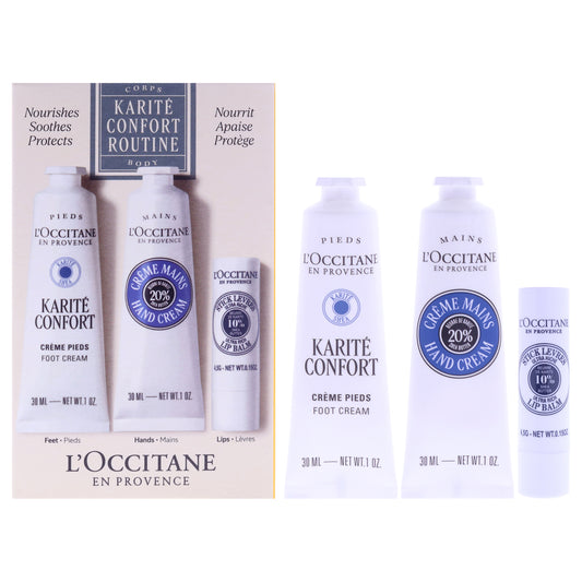 Shea Travel Must Haves by LOccitane for Unisex - 3 Pc 1oz Shea Confort Foot Cream, 1oz Shea Butter Hand Cream, 0.15oz Shea Butter Ultra Rich Lip Balm