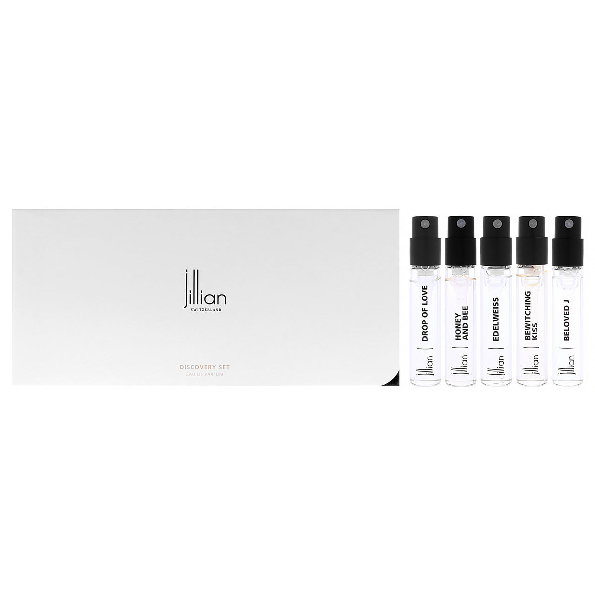 Women Discovery Set by Jillian Switzerland for Women - 5 Pc Mini Gift Set 2.5ml Beloved J EDP Spray Vial, 2.5ml Bewitching Kiss EDP Spray Vial, 2.5ml Drop of Love EDP Spray Vial, 2.5ml Edelweiss EDP Spray Vial, 2.5ml Honey and Bee EDP Spray Vial