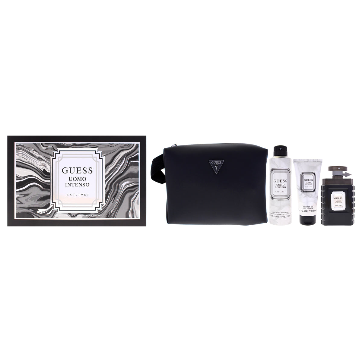 Guess Uomo Intenso by Guess for Men - 4 Pc Gift Set 3.4oz EDP Spray, 6oz Deodorizing Body Spray, 3.4oz Shower Gel, Pouch
