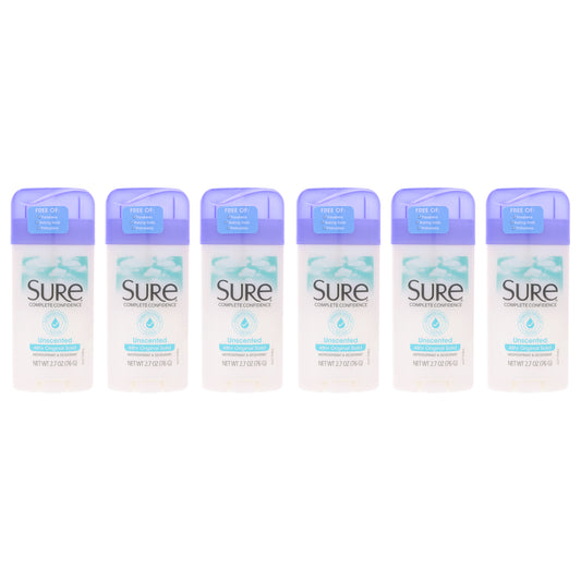 Original Solid AntiPerspirant Deodorant Stick - Unscented by Sure for Unisex - 2.7 oz Deodorant Stick - Pack of 6