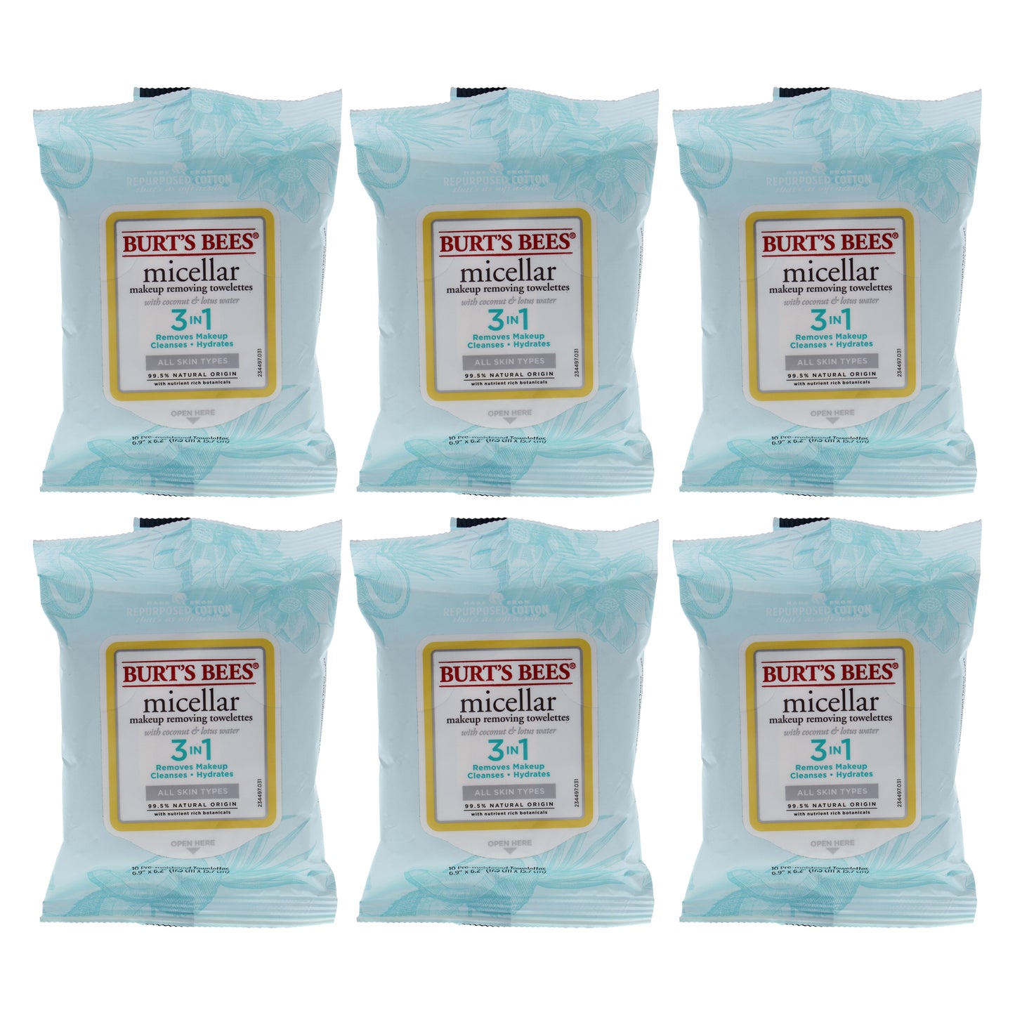 Micellar Makeup Removing Towelettes - Coconut and Lotus Water by Burts Bees for Women - 10 Count Towelettes - Pack of 6