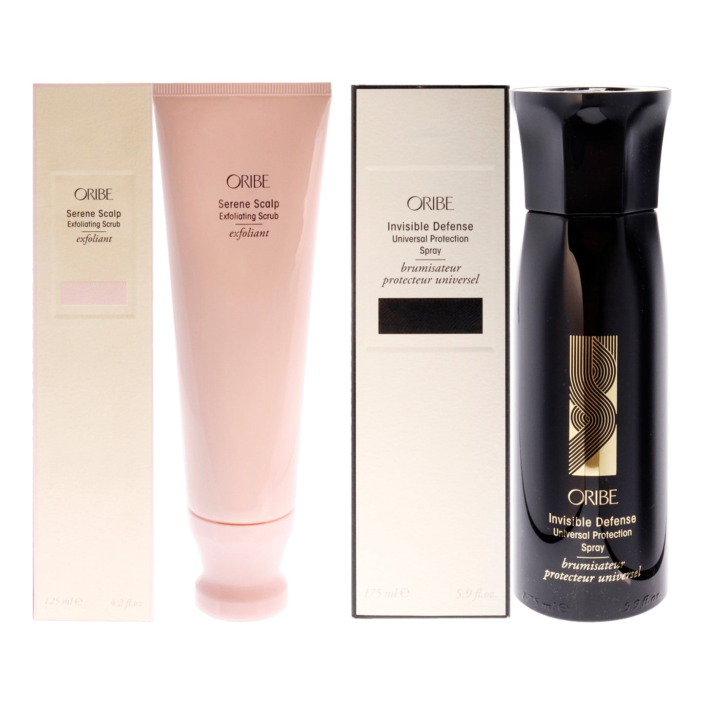 Serene Scalp Exfoliating Scrub and Invisible Defense Universal Protection Spray Kit by Oribe for Unisex - 2 Pc Kit 4.2oz Exfoliator, 5.9oz Hairspray