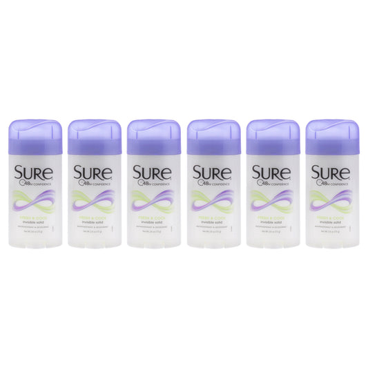 Invisible Solid Anti-Perspirant Deodorant - Fresh and Cool by Sure for Unisex - 2.6 oz Deodorant Stick - Pack of 6