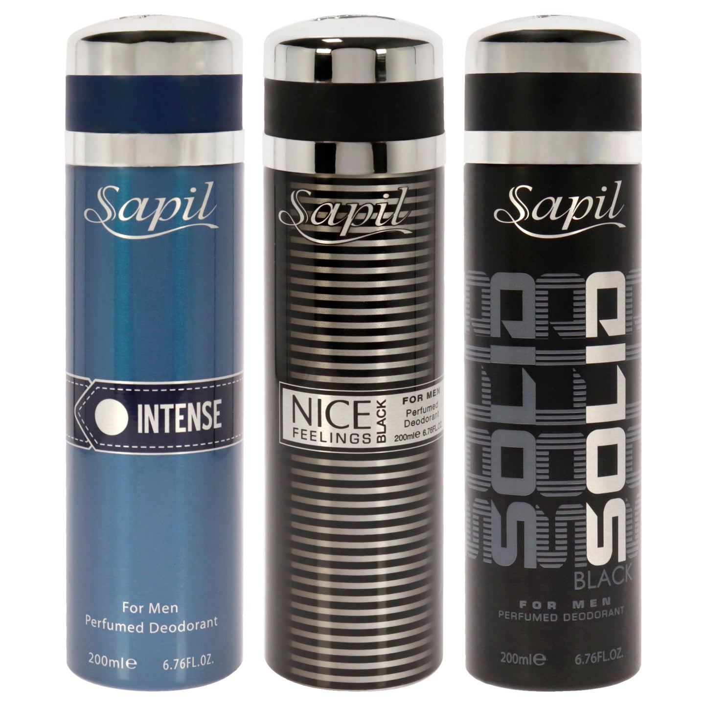 Sapil Kit by Sapil for Men - 3 Pc Kit 6.76oz Deodorant Spray - Solid Black, 6.76oz Deodorant Spray - Intense, 6.76oz Deodorant Spray - Nice Feelings Black