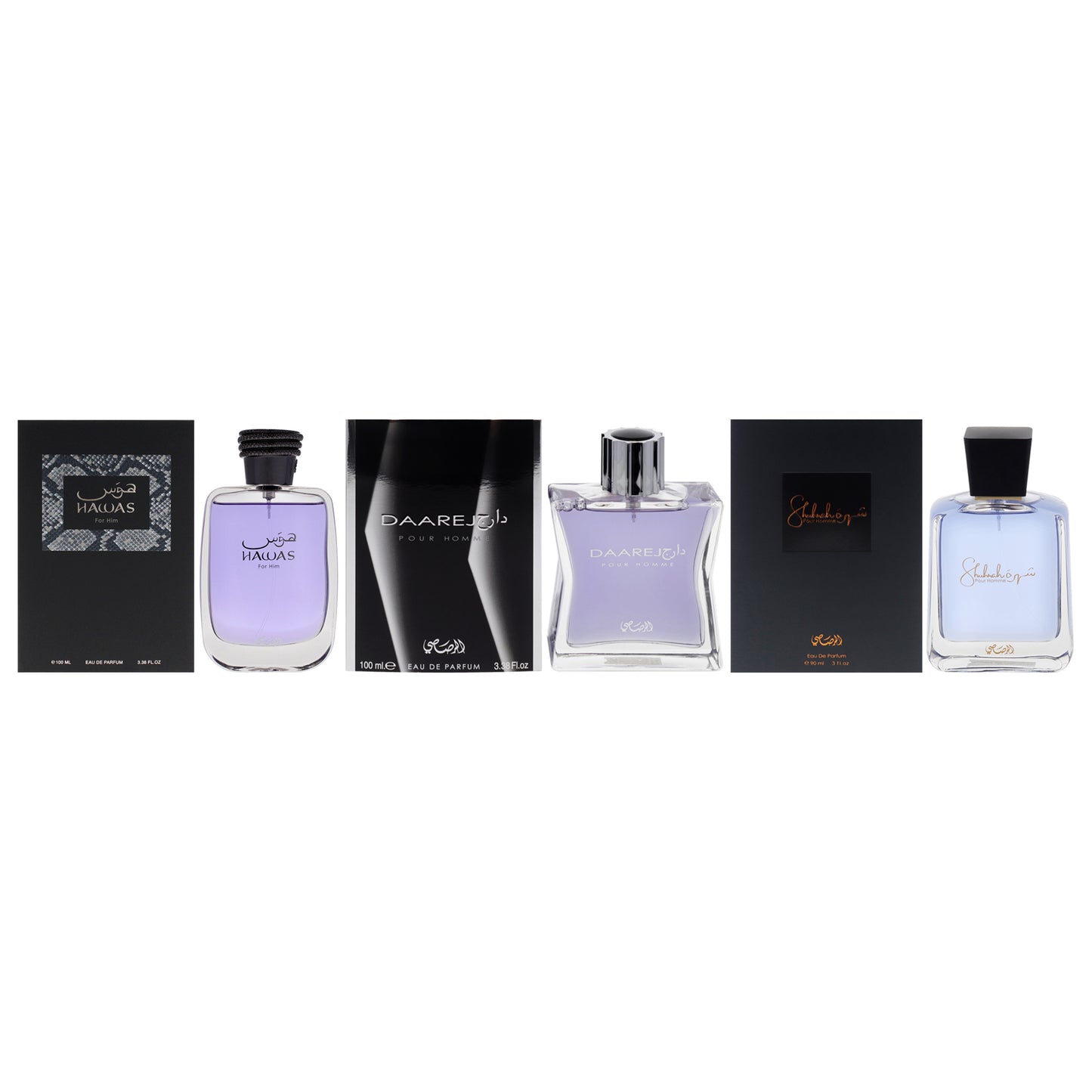 Rasasi Kit by Rasasi for Men - 3 Pc Kit 3.38oz Hawas Collection - Hawas EDP Spray, 3oz Shuhrah EDP Spray, 3.38oz Daarej EDP Spray