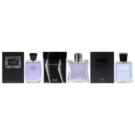 Rasasi Kit by Rasasi for Men - 3 Pc Kit 3.38oz Hawas Collection - Hawas EDP Spray, 3oz Shuhrah EDP Spray, 3.38oz Daarej EDP Spray
