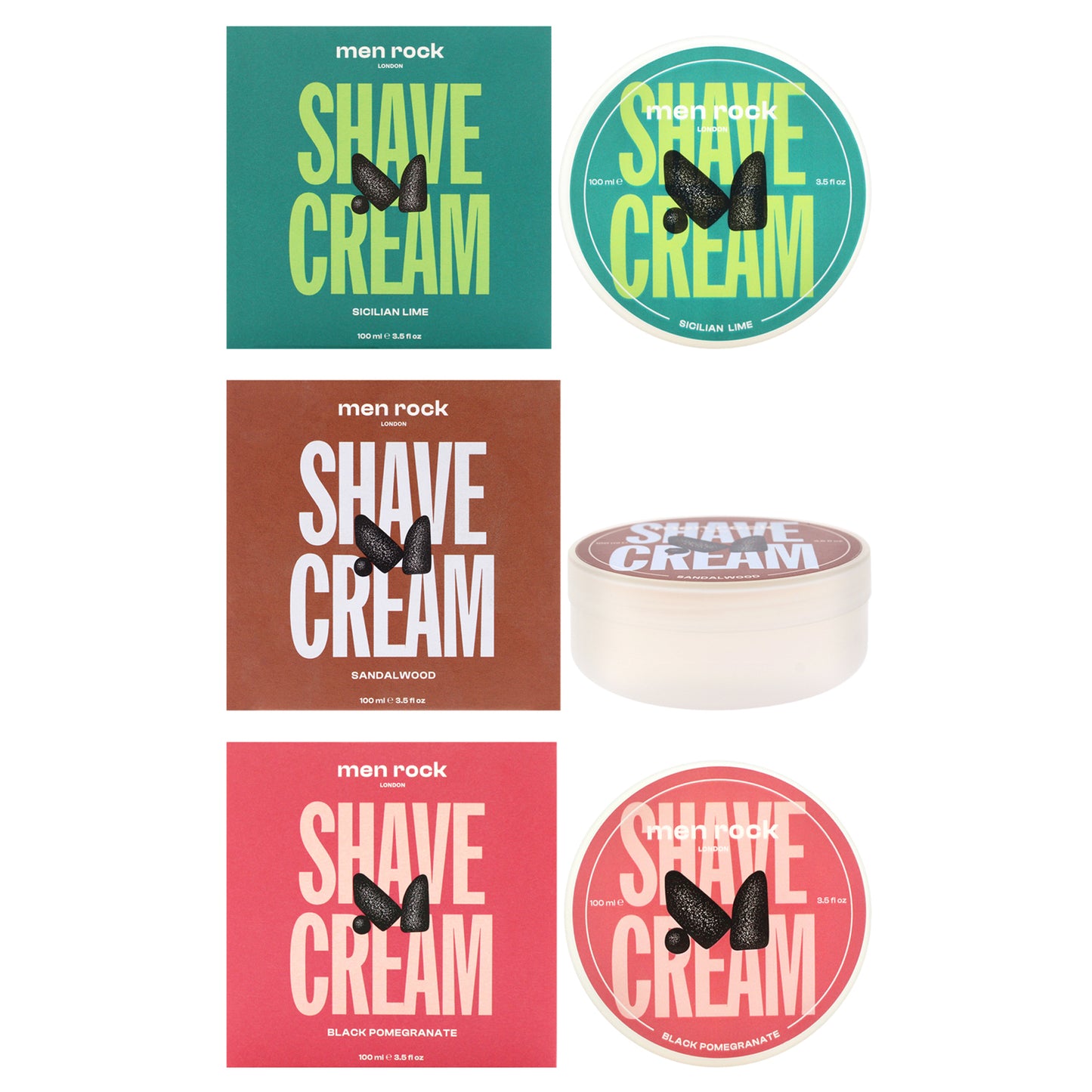 Shave Cream Kit by Men Rock for Men - 3 Pc Kit 3.5oz Shave Cream - Sicilian Lime, 3.5oz Shave Cream - Sandalwood, 3.5oz Shave Cream - Black Pomegranate