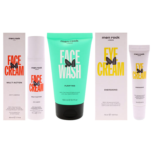 Men Rock Kit by Men Rock for Men - 3 Pc Kit 0.5oz Eye Cream, 1.7oz Face Cream, 5.1oz Face Wash