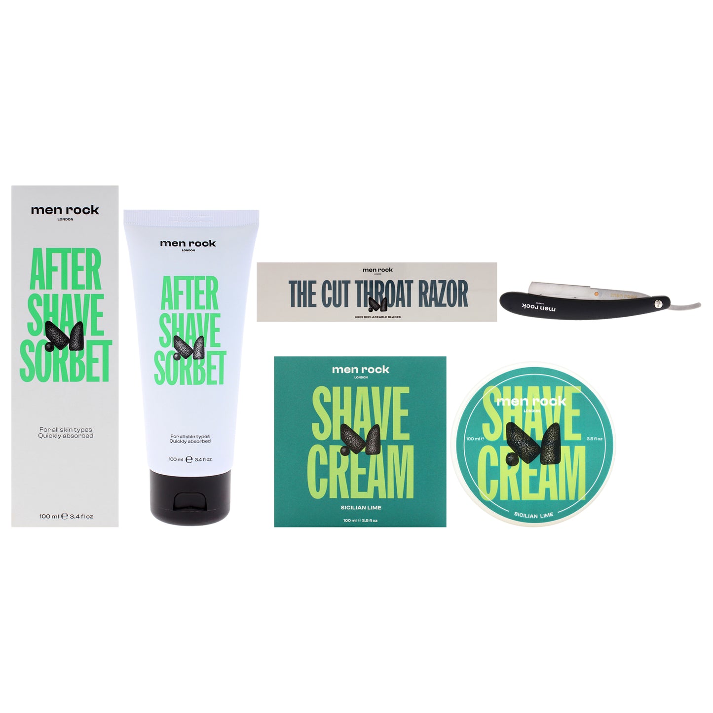 Men Rock Kit by Men Rock for Men - 8 Pc Kit 3.5oz Shave Cream - Sicilian Lime, 3.4oz After Shave Sorbet, Cut Throat Shavette Razor, 5 Pc Blades